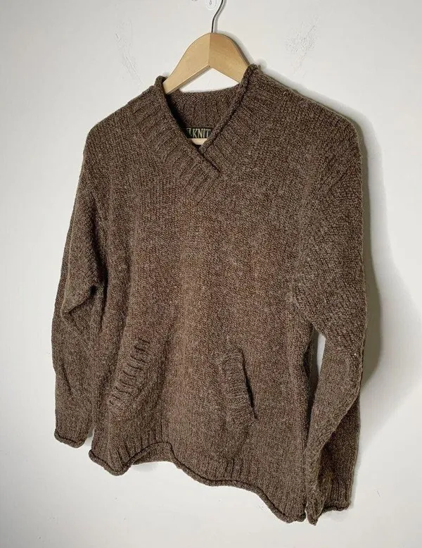Vintage Sweater Womens Large VNeck Wool Blend Kangaroo Pocket Brown In Knit - Image 2