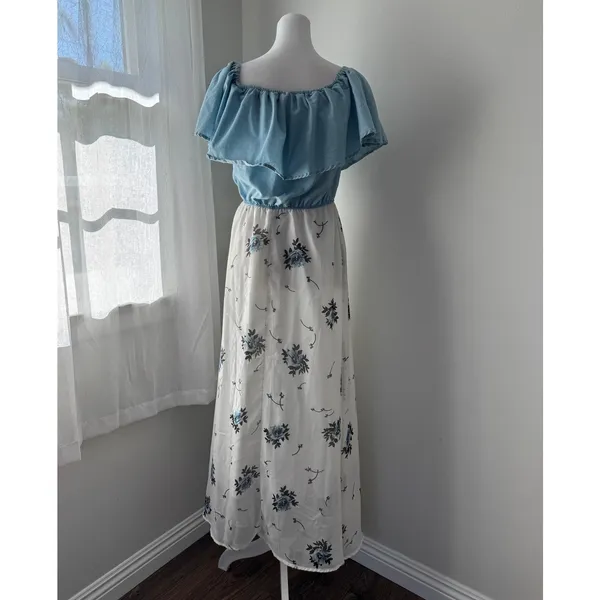 Blue & White Floral Print Ruffle Top Maxi Dress - Image 6