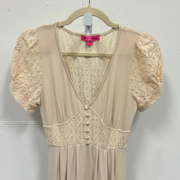 Betsey Johnson Mosaic Lace Puff-Sleeve Midi Dress Crochet Back Cream Sm JL408532 - Image 6
