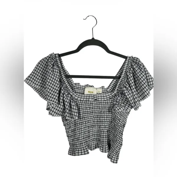 Maeve Anthropologie Smocked‎ Gingham Crop Top Women’s Small White Off Shoulder - Image 3