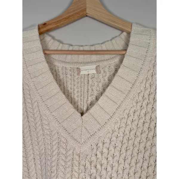 Altar'd‎ State Womens Cream Cable Knit V-Neck Sweater Vest High-Low Oversized M - Image 2