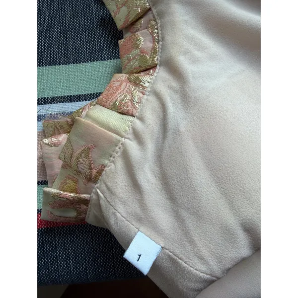 Sandro Paris Metallic Jacquard Mini Dress Size 1 Pink Gold Ruffle - Image 6