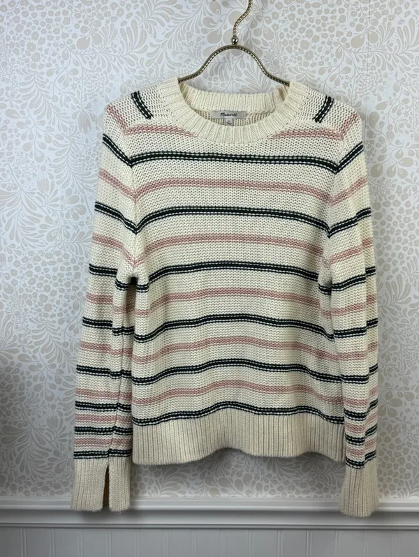 Madewell Cream Pink & Green Striped 100% Cotton Crewneck Sweater - Size - XS - Image 5