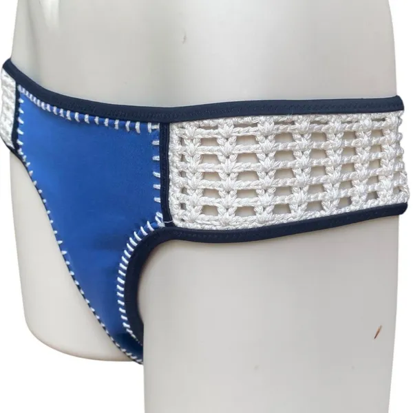 Victorias Secret VS Swim Surf Crochet Bikini Bottom Cheeky Blue Ivory Boho Sz S - Image 5