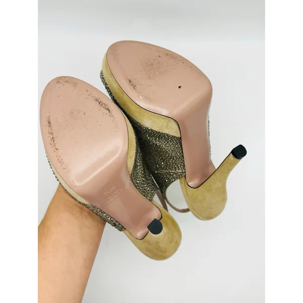 Gucci Tan Suede Crystal Slingback Peep Toe Pumps Heels Women’s EU 37.5 - Image 3