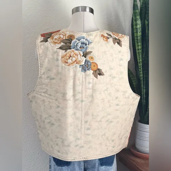 Vintage Patchwork Floral‎ Quilted Vest Reversible Boho Fall Layering large Orange - Image 2
