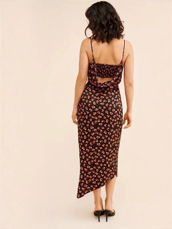 Anthropologie Coral Floral Draped Back- Slip Midi Dress Asymmetrical side - Image 2