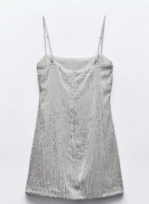 NWT Zara Silver Beaded Mini dress with adjustable Straps and Zipper closure - Image 5
