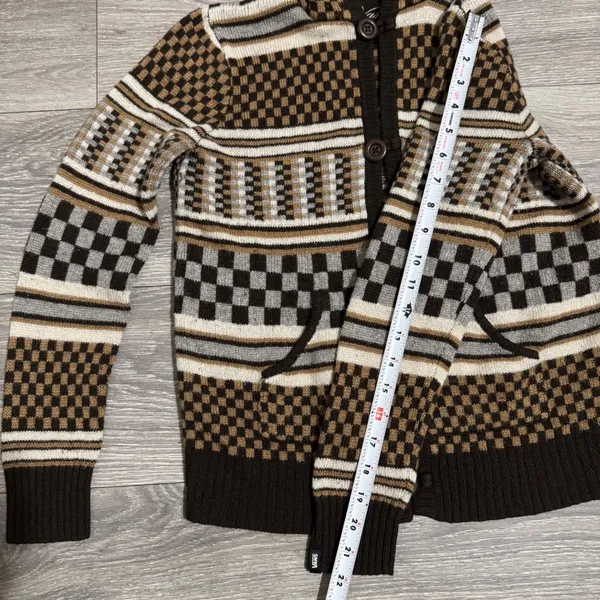 Vans Rare Retro Hooded Cardigan Sweater Brown Checkerboard Geometric Knit Size M - Image 10