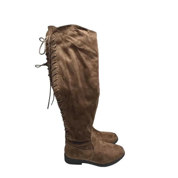 French Connection Brown Vegan Suede Lace Up Over The Knee Boots Low Heel Size 6 - Image 7