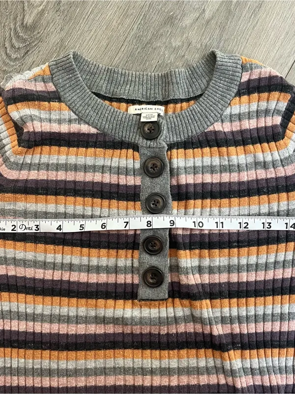 American Eagle Ribbed Striped Henley Sweater Small Gray Pink Orange Long Sleeve - Image 8