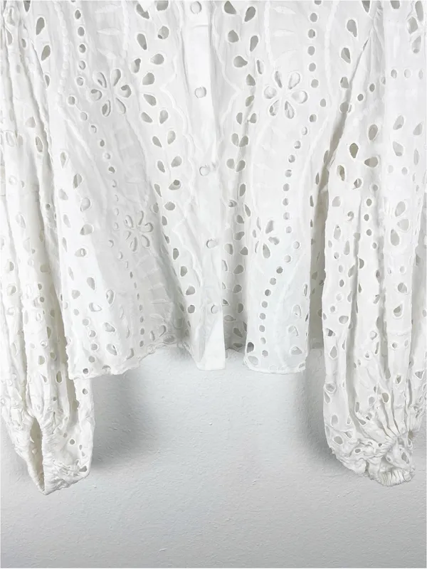 ZARA 100% Cotton White Eyelet Button Long Puff Sleeves Crop Top XL Boho Neutral - Image 8