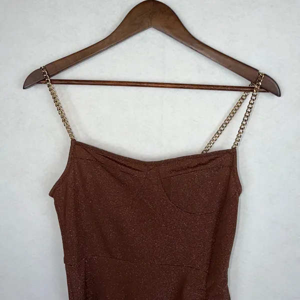 Cider Dress Women Small Brown Shimmer Ruched Chain Strap Asymmetrical Midi Glam - Image 2