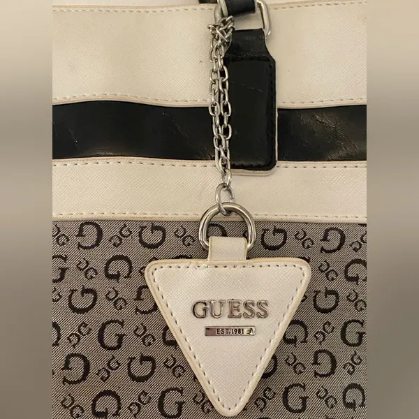 Guess Black & White Patterned Logo Tote Shoulder Purse Bag - Image 2