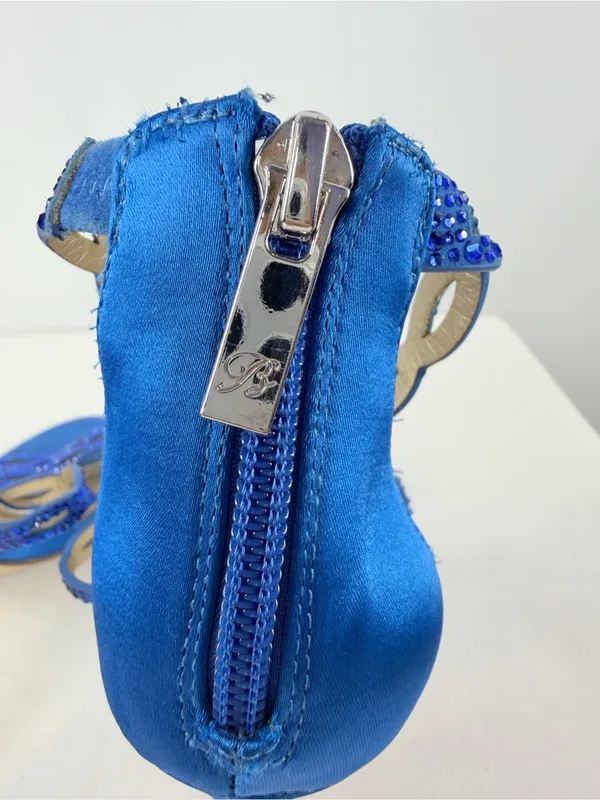 Belle Badgley Mischka Cobalt Blue Beaded Satin T-Strap Heels‎ Size 7 - Image 7