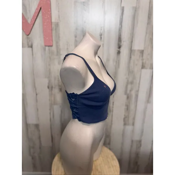 Blue Ribbed Lace Back Bralette Crop Top Medium Blue - Image 5