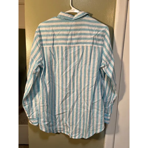 Gap Womens Sz Medium Linen Blend Easy Shirt Button Down Teal White Stripe Pocket - Image 8