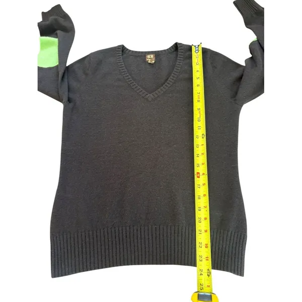 Boo Gemes Chocolate Brown Cashmere Sweater Green Elbow Patch V Neck Womens Large - Image 6