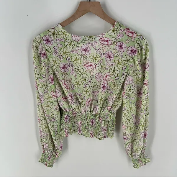 Zara‎ Chiffon Floral Print Surplice Neck V Neck Shirred Waist Peasant Sleeve Top - Image 2