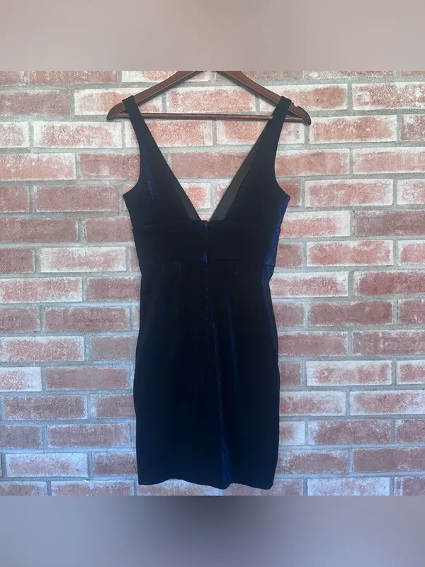 Jay Godfrey Metallic Sheath Plunge Dress Women’s 2 Blue Black Cocktail Party - Image 4