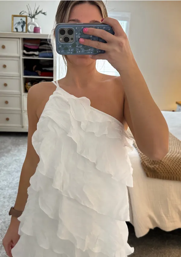 White one shoulder mini dress with ruffles - Image 3