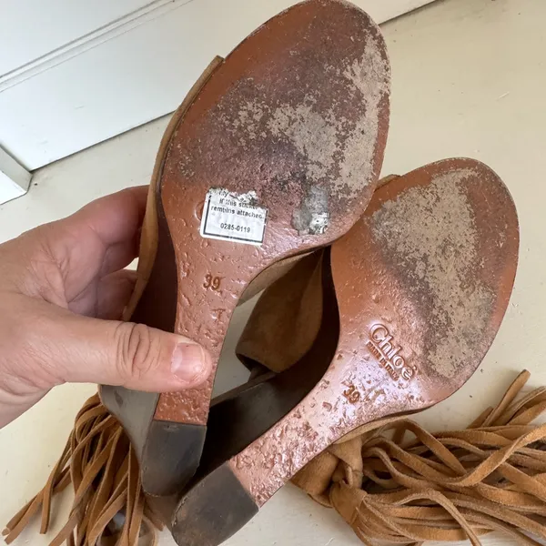 Chloé suede tan fringe tie wedges size 39 (their US‎ 8.5) - Image 14