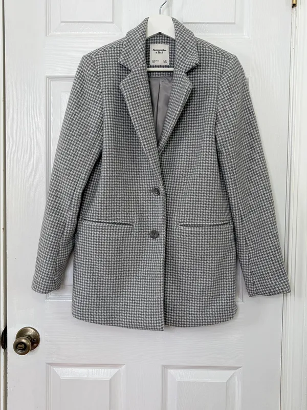 Abercrombie & Fitch Houndstooth Blazer Coat XS Classic Preppy Old Money Gray - Image 2