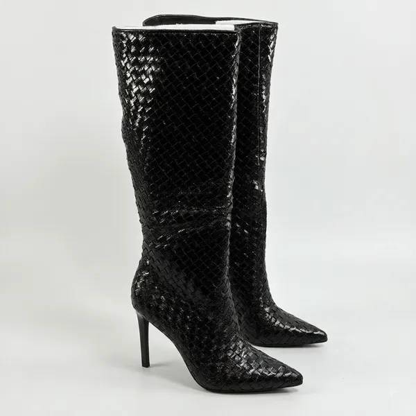 INC International Concepts Size-9.5M Black Woven High Stiletto Boots Pointed Toe - Image 9