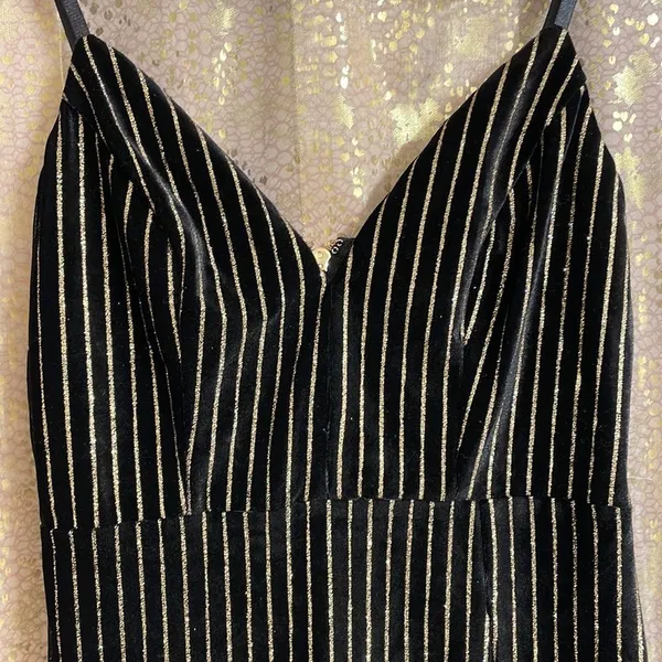 Windsor black velvet and gold glitter pinstripe pencil dress, size S - Image 3