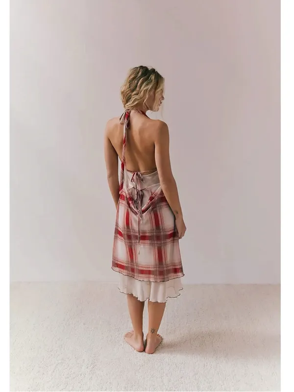 Free People Retro 90s Grunge Seeing Double Plaid Layered Midi Slip Dress Medium - Image 11