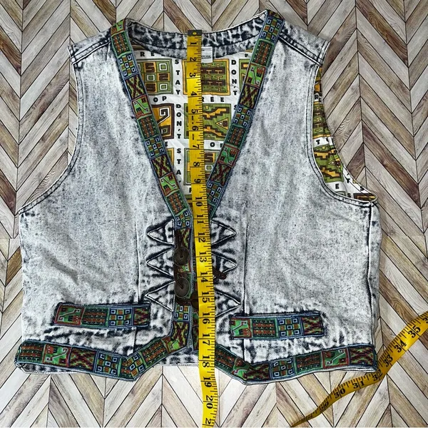 Don't Stop Denim Vest Womens M Blue Acid Wash Southwestern Boho Vtg 90s Artsy‎ - Image 9