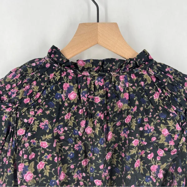 Free People Meant To Be Black Floral Print Full Mutton‎ Sleeve Peasant Blouse M - Image 10