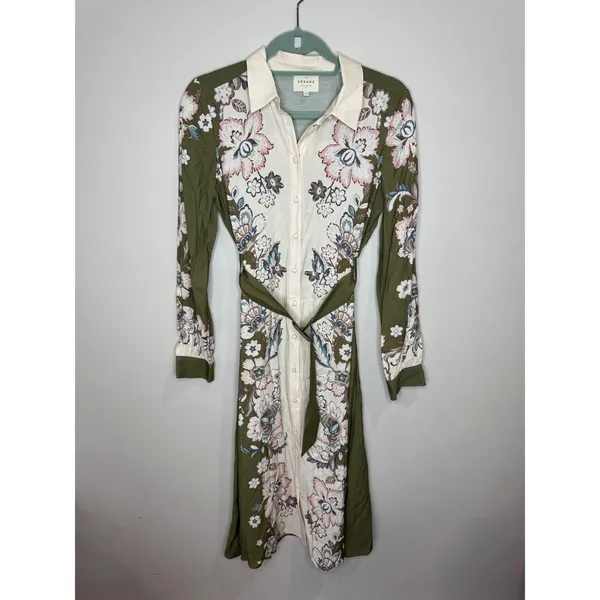 Sézane Button Down Floral Khaki Green Cream Belted Shirt Dress Sz 34 XS - Image 3