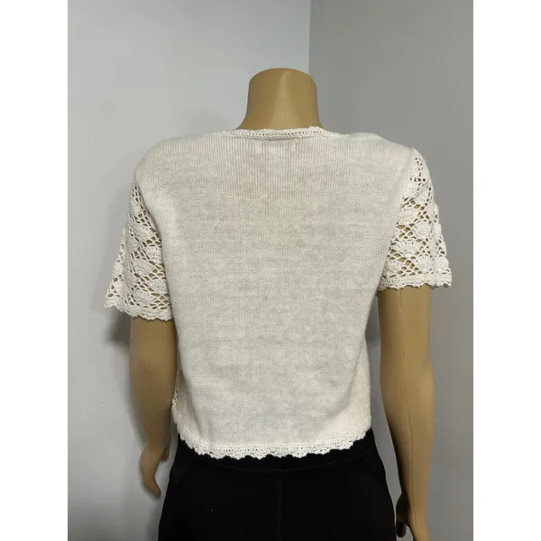 SWL Sport Ltd Womens Cream Crochet Open Knit Short Sleeve Cardigan Sweater Small - Image 5