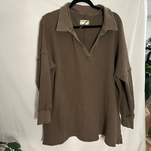Free People Travis Oversized Green Waffle Knit Thermal Polo Military Olive - Image 6