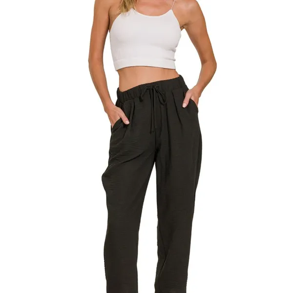 Zenana Woven Crepe Elastic‎ Band Waist Pants - Image 2