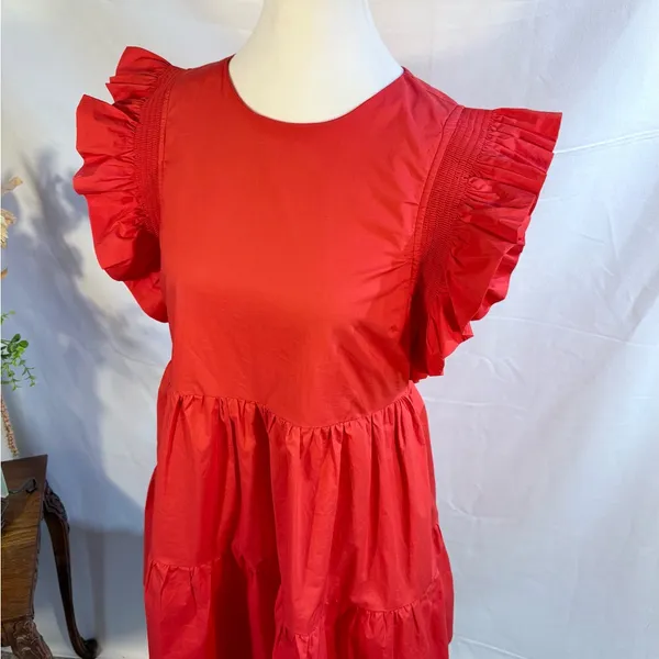 English Factory True Red Ruffle Sleeve Babydoll Tiered Mini Dress Sz S 🧡 - Image 4
