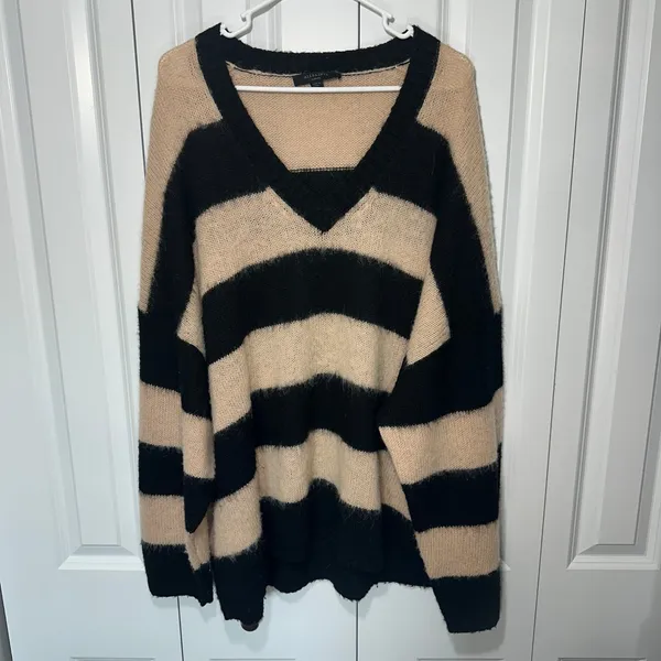 AllSaints Lou‎ Stripe Wool Blend Alpaca V-Neck Jumper Sweater Womens L Oversized - Image 2