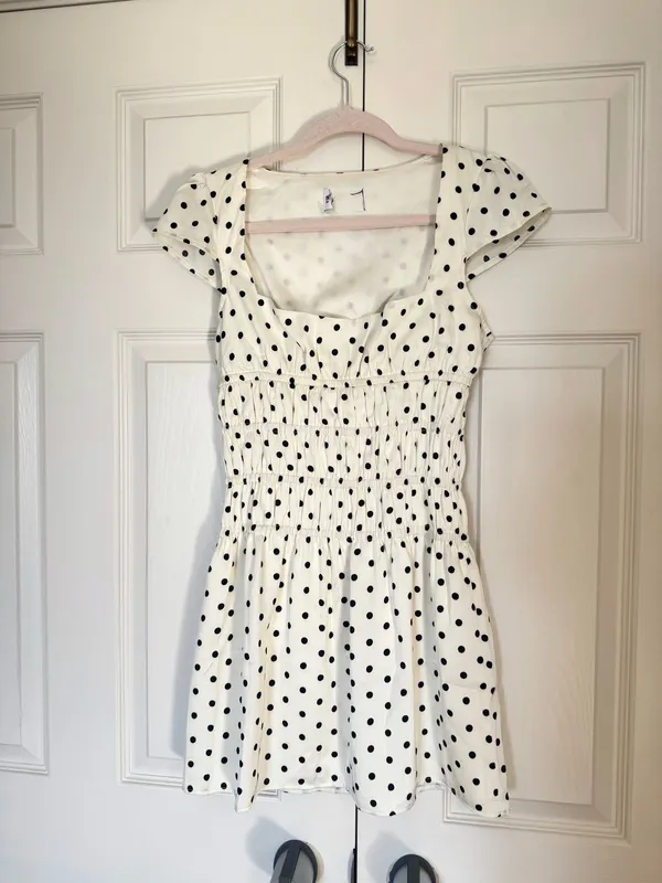 Princess Polly Evangelie Ruched White Black Polka Dot Mini Dress - Image 5