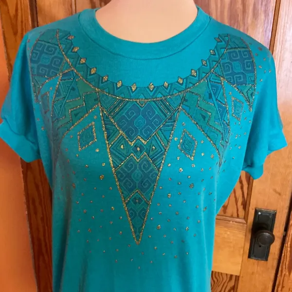 Vintage 80s Teal Gold Glitter Geometric Graphic Top Metallic Print Shirt - Image 11