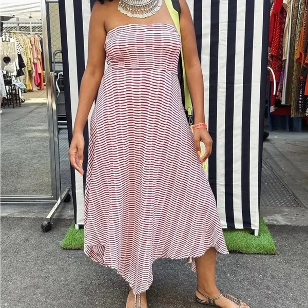 Anthropologie Maeve Caleta Handkerchief Red Stripe Strapless Dress XL New - Image 11