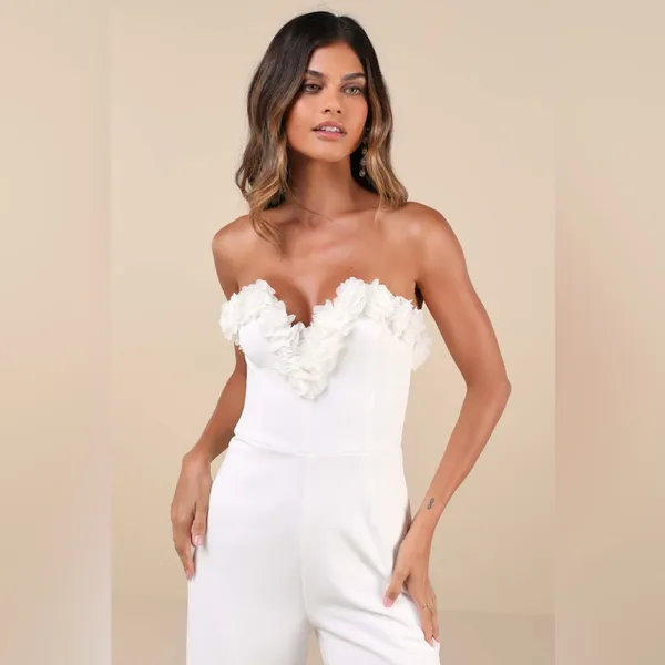 Lulus Rare Allure White 3D Floral Applique Strapless Wide-Leg Jumpsuit - Image 3