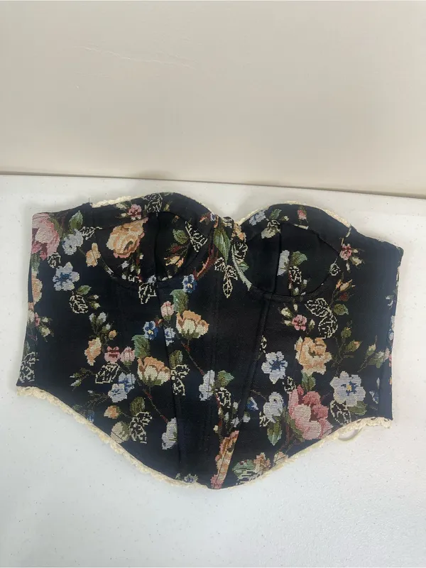Floral Lace-Trim Black Corset Camisole - Image 2