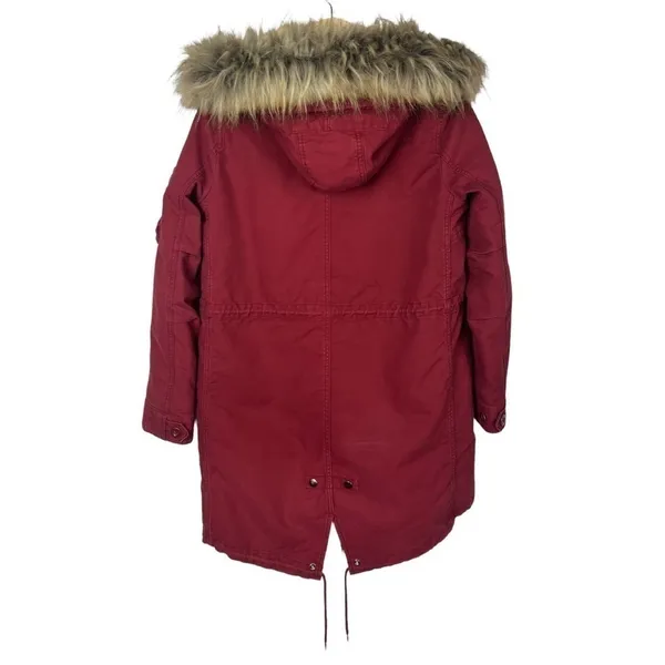 Zara‎ Red Full Zip Cinched Waist Fur Trim Hood Parka Jacket S - Image 2