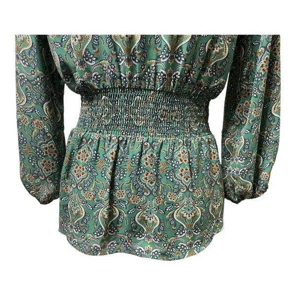 Max Studio Green Paisley Tie Front Peplum Blouse Size Small | Smocked Back V-Nec - Image 8