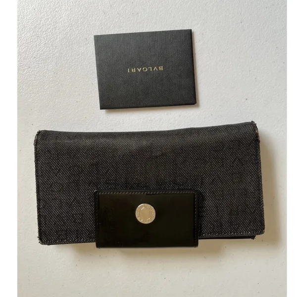Authentic Bvlgari 7x4 Logomania Monogram Denim Patent Leather Long Wallet Italy - Image 2