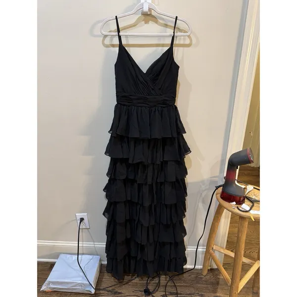 mac duggal dress Sleeveless V Neck Ruffle‎ Skirt Evening Gown Black Size 4 - Image 4