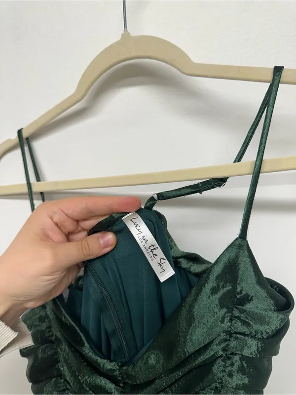 Lucy in the Sky Satin Ruched Dress in Deep Green - Image 7