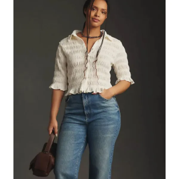 Anthropologie Maeve Smocked Button-Front Top Vanilla White Medium - Image 10