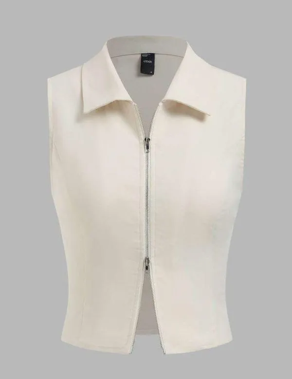 NWOT Cider Woven Collar Solid Zipper Tank Top Beige | TAGS CUT OUT SEE NOTES - Image 8